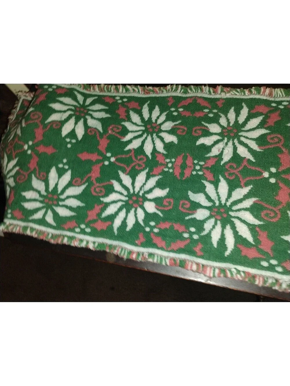 Vintage Christmas Poinsettia Reversible Woven Table Runner / Holiday Decor